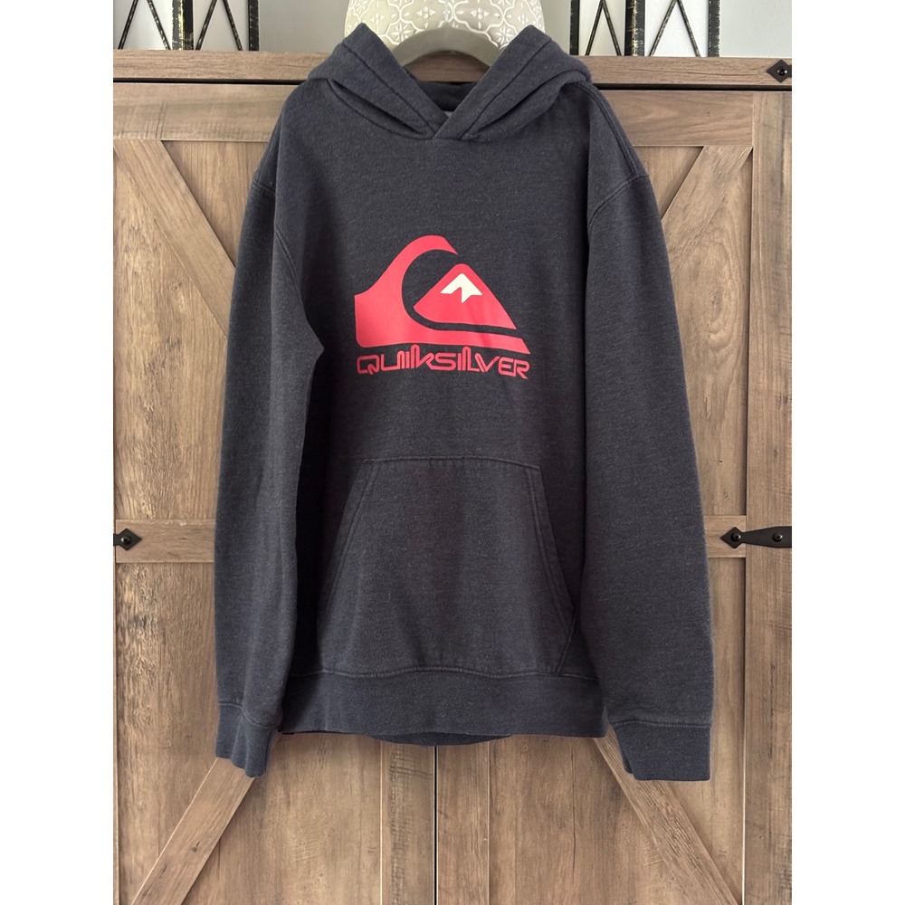 Quiksilver Boys Hoodie Charcoal Gray Red Logo Fleece Pullover Sweatshirt Size M